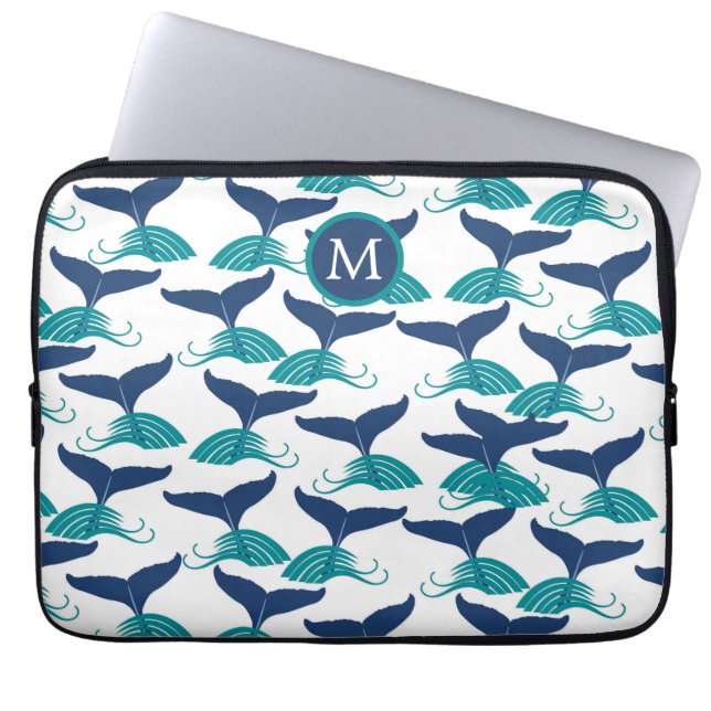 Blauwe Blauwgroen tunnelhoezen monogram laptophoes Laptop Sleeve (Voorkant)