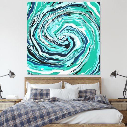 Blauwe, Blauwgroen, Turquoise- en White Swirls Mar Canvas Afdruk (Insitu (Slaapkamer))