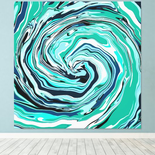 Blauwe, Blauwgroen, Turquoise- en White Swirls Mar Canvas Afdruk (Insitu (Houten vloer))