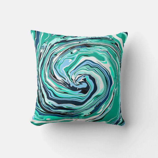 Blauwe, Blauwgroen, Turquoise- en White Swirls Mar Kussen (Voorkant)