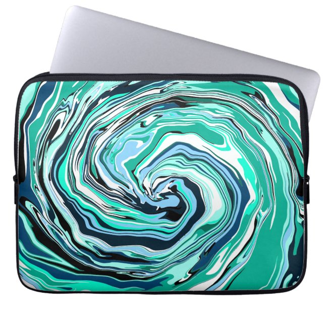 Blauwe, Blauwgroen, Turquoise- en White Swirls Mar Laptop Sleeve (Voorkant)