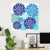  blauwe Blauwgroen Turquoise Flowers Floral Art Poster (Thuiskantoor)