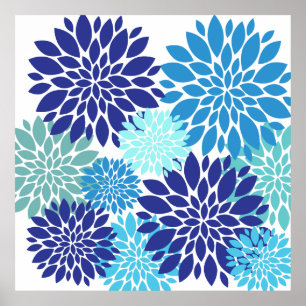  blauwe Blauwgroen Turquoise Flowers Floral Art Poster
