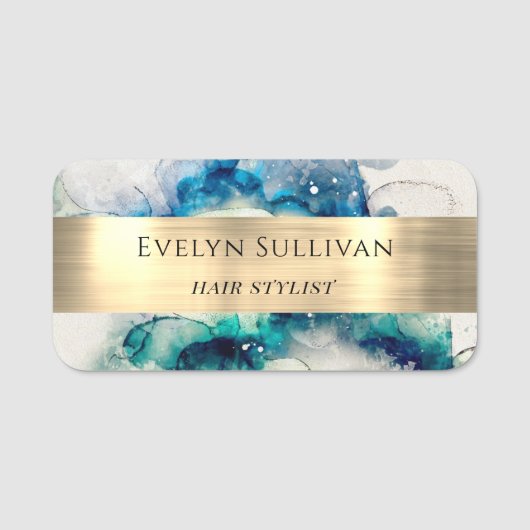 Blauwe Blauwgroen Waterverf en goudolie Naamplaatje (Voorkant)