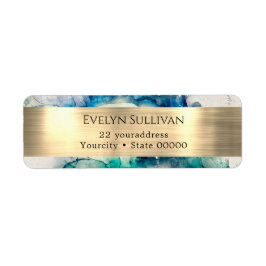 Blauwe blauwgroen waterverf en goudretourlabel etiket