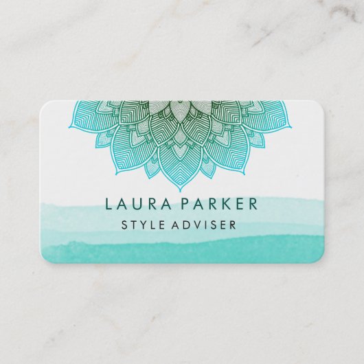 Blauwe Blauwgroen Waterverf Lotus Floral Mandala Y Visitekaartje (Voorkant)