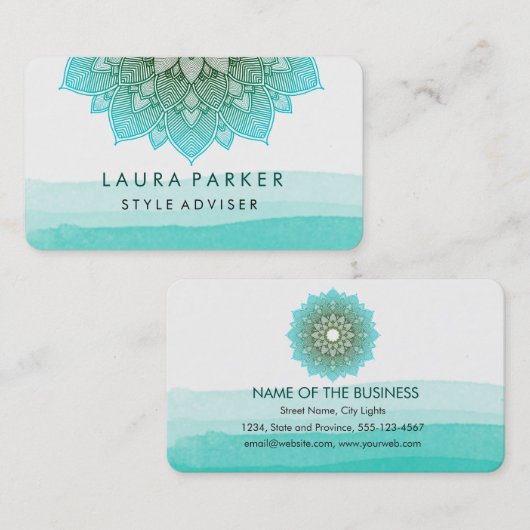 Blauwe Blauwgroen Waterverf Lotus Floral Mandala Y Visitekaartje (Voorkant / Achterkant)