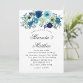 Blauwe Blauwgroen Waterverf Peony Wedding Invitati (Staand voorkant)