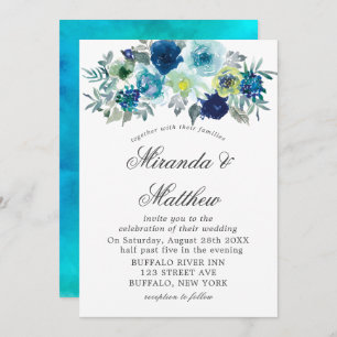 Blauwe Blauwgroen Waterverf Peony Wedding Invitati