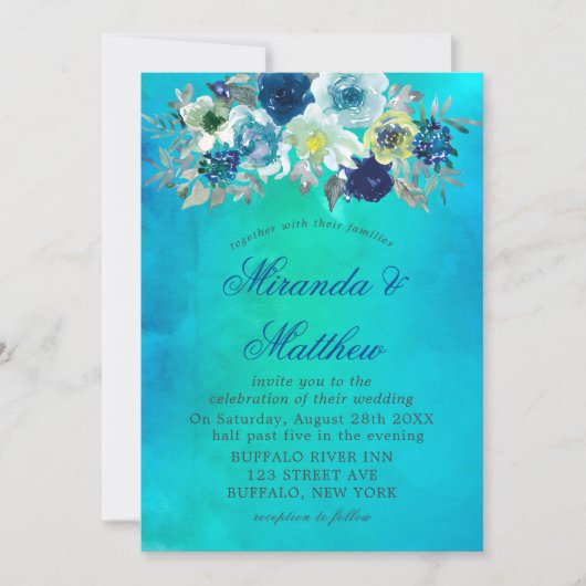 Blauwe Blauwgroen Waterverf Peony Wedding Invitati (Voorkant)