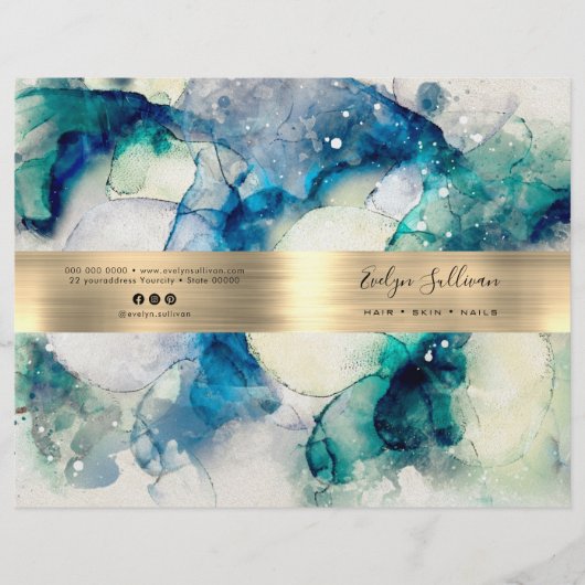 Blauwe blauwgroen waterverf service menubrochure (Voorkant)