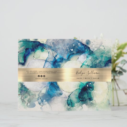 Blauwe blauwgroen waterverf service menubrochure (Staand voorkant)