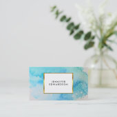 Blauwe blauwgroen waterverf spatten goud elegant visitekaartje (Staand voorkant)