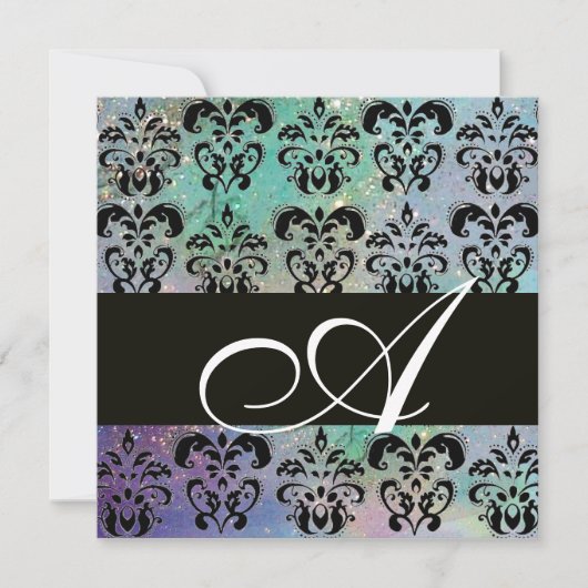 BLAUWE BLAUWGROEN ZWARTE DAMASKMONOGRAM, wit Kaart (Voorkant)
