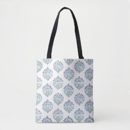 Blauwe Blockprint Botanisch op Ivoorkleurig Tote Bag