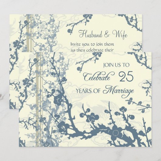 Blauwe bloem 25e jubileum uitnodigingskaart kaart (Voorkant / Achterkant)