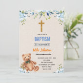 Blauwe bloem beer baptisme-uitnodiging kaart (Staand voorkant)