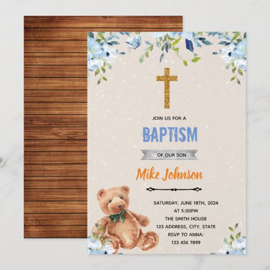 Blauwe bloem beer baptisme-uitnodiging kaart (Voorkant / Achterkant)