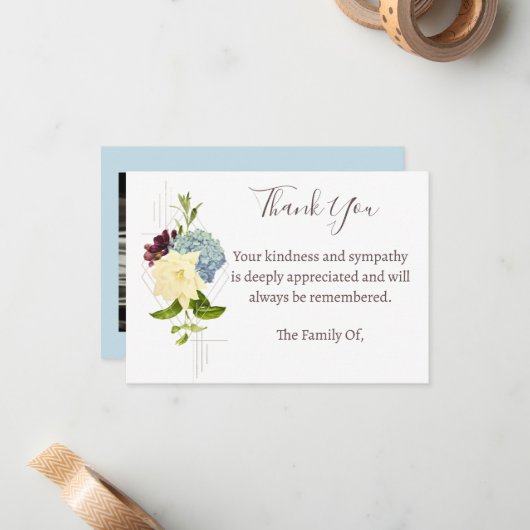 Blauwe bloem begrafenisfoto dank u kaart notitiekaartje (Voorkant / Achterkant in situ)