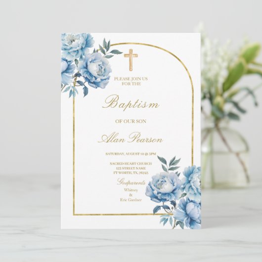 Blauwe bloem Bloemen jongen doop Kaart (Staand voorkant)