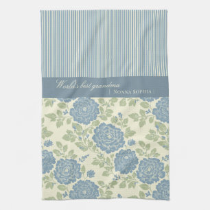 Blauwe bloem blokprint met blauwe strepen theedoek