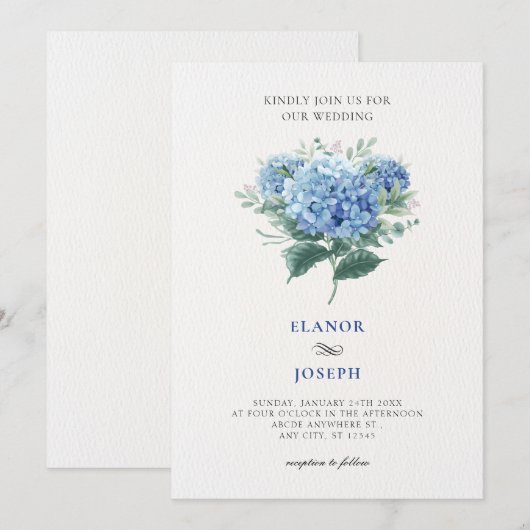 Blauwe bloem boeket bruiloft kaart (Voorkant / Achterkant)