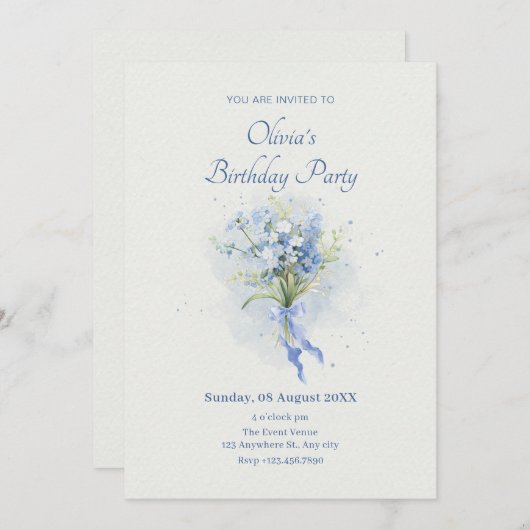 Blauwe bloem boeket verjaardag kaart (Voorkant / Achterkant)