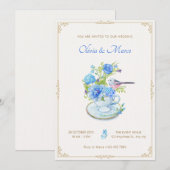 Blauwe bloem boeket vogel bruiloft kaart (Voorkant / Achterkant)