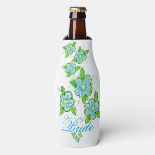 Blauwe bloem bruid fles pak flesjeskoeler (Fles Voorkant)