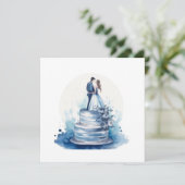 Blauwe bloem bruiloftstaart Bewaren Save The Date (Staand voorkant)