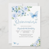 Blauwe Bloem Butterfly Sweet 16 Uitnodiging (Voorkant)