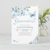 Blauwe Bloem Butterfly Sweet 16 Uitnodiging (Staand voorkant)