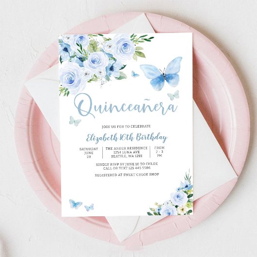 Blauwe Bloem Butterfly Sweet 16 Uitnodiging