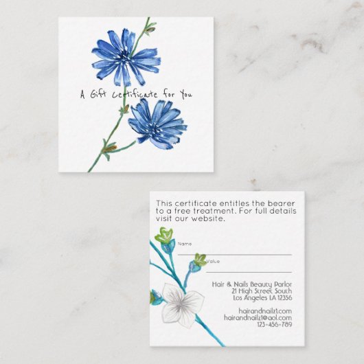 Blauwe Bloem Cadeaubon Voeg logo toe Bedrijf Vierkante Visitekaartje (Voorkant / Achterkant)