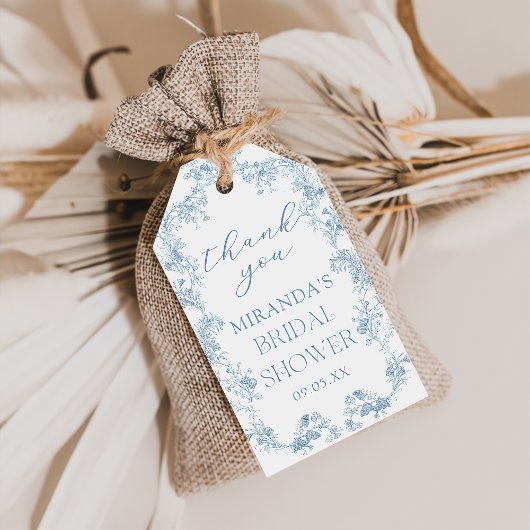 Blauwe bloem chinoiserie bruiloftsshower cadeautag cadeaulabel