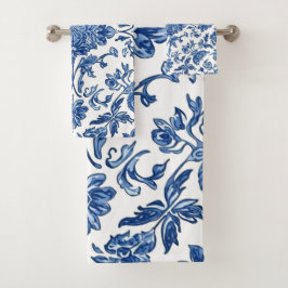 Blauwe Bloem Chinoiserie Witte Waterverf Bad Handdoek