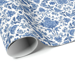 Blauwe Bloem Chinoiserie Witte Waterverf Cadeaupapier
