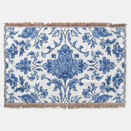Blauwe Bloem Chinoiserie Witte Waterverf Deken