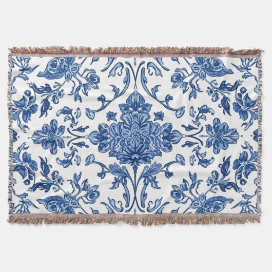 Blauwe Bloem Chinoiserie Witte Waterverf Deken (Voorkant)