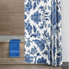 Blauwe Bloem Chinoiserie Witte Waterverf Douchegordijn