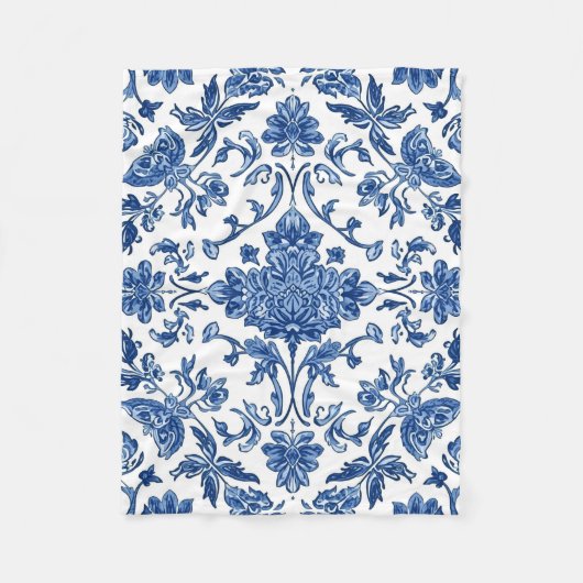 Blauwe Bloem Chinoiserie Witte Waterverf Fleece Deken (Voorkant)