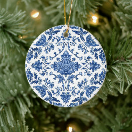 Blauwe Bloem Chinoiserie Witte Waterverf Keramisch Ornament