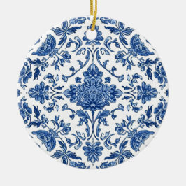 Blauwe Bloem Chinoiserie Witte Waterverf Keramisch Ornament