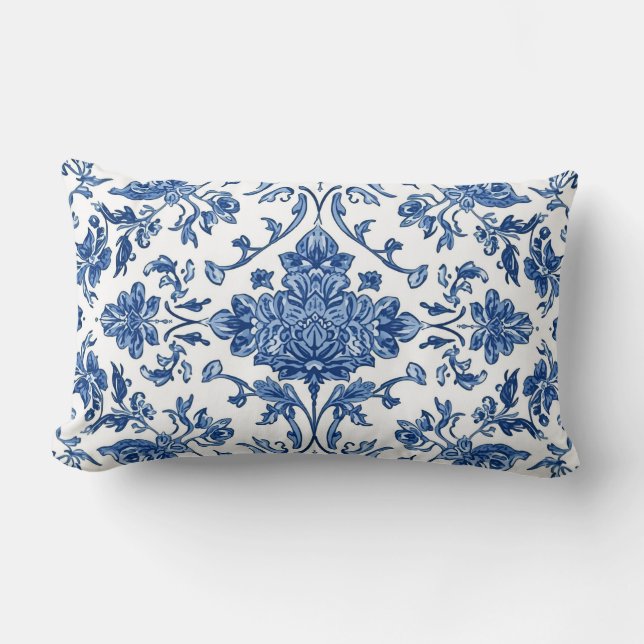 Blauwe Bloem Chinoiserie Witte Waterverf Kussen (Voorkant)
