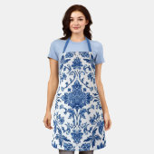 Blauwe Bloem Chinoiserie Witte Waterverf Schort (Gedragen)
