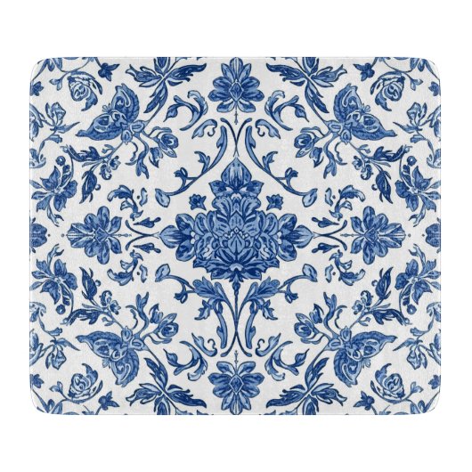Blauwe Bloem Chinoiserie Witte Waterverf Snijplank (Voorkant)