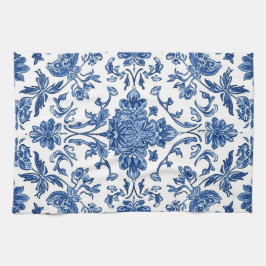 Blauwe Bloem Chinoiserie Witte Waterverf Theedoek