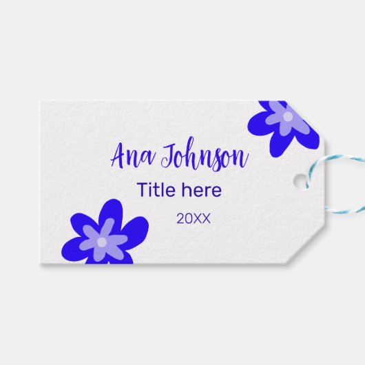 Blauwe bloem doodle naam titel jaar 20XX beroep Cadeaulabel (Voorkant (Horizontaal))
