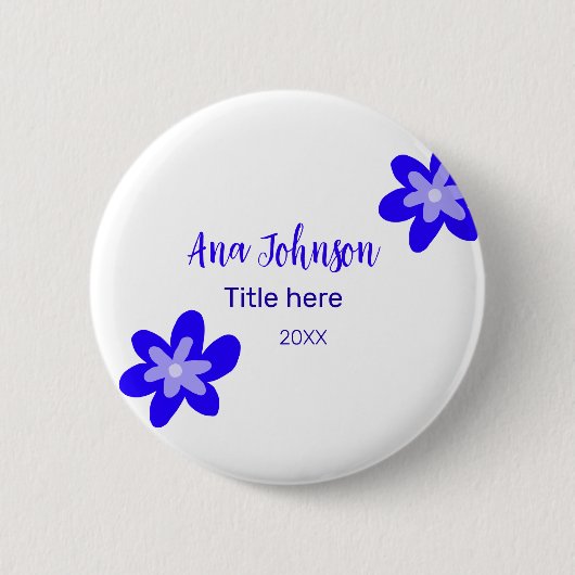 Blauwe bloem doodle naam titel jaar 20XX beroep Ronde Button 5,7 Cm (Voorkant)