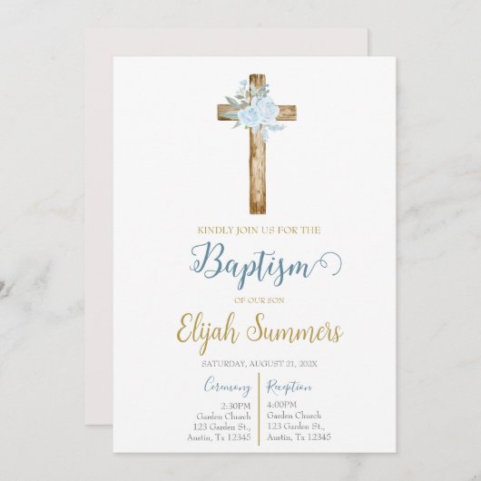 Blauwe bloem doop uitnodiging voor jongen (Voorkant / Achterkant)